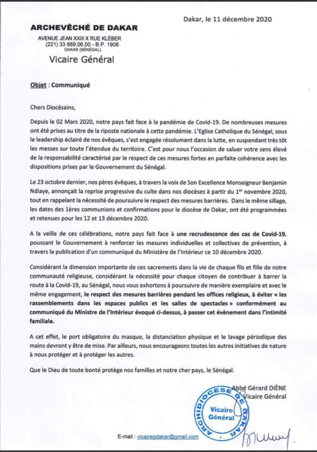 Coronavirus- La réaction de l'église catholique Sénégalaise suite à l'arrêté du ministre de l'Intérieur Antoine Diom