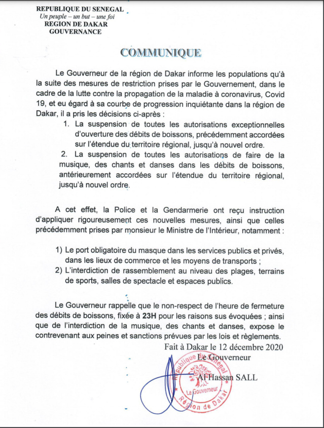 Coronavirus- Le communiqué du gouverneur de Dakar
