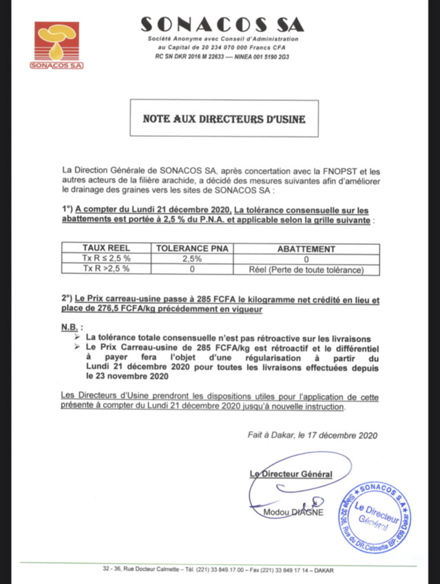 Voici la note de la Sonacos portant augmentation du prix carreau-usine de 276,5 à 285 Fcfa (DOCUMENT).