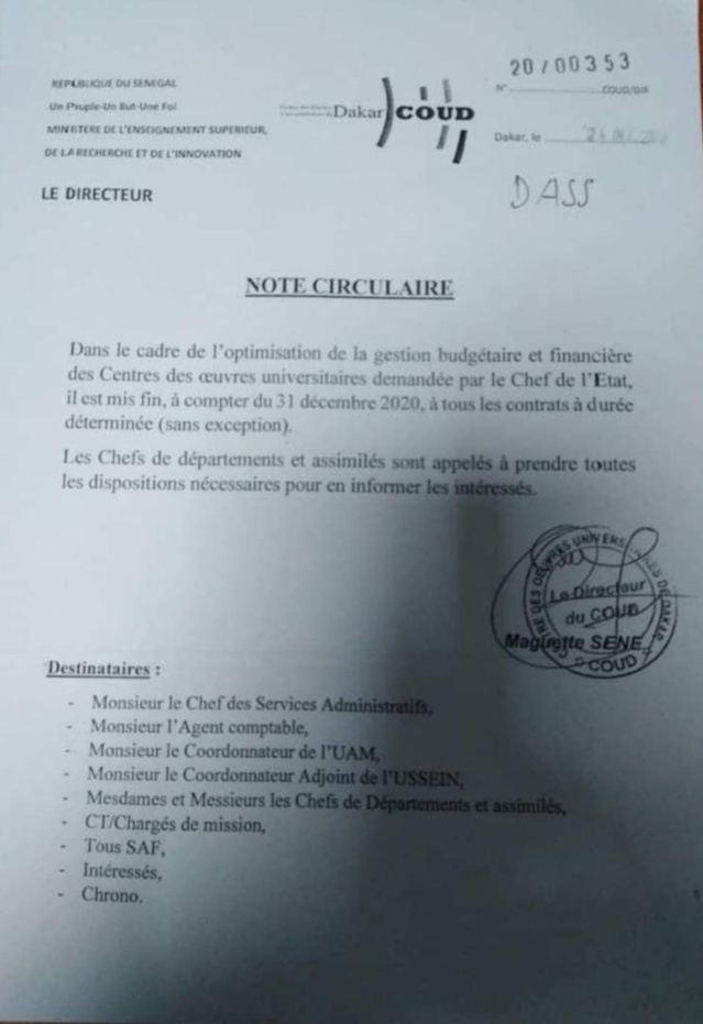 UCAD : Le DG du COUD met fin à tous les contrats à durée déterminée (CDD) UCAD : Le DG du COUD met fin à tous les contrats à durée déterminée (CDD)