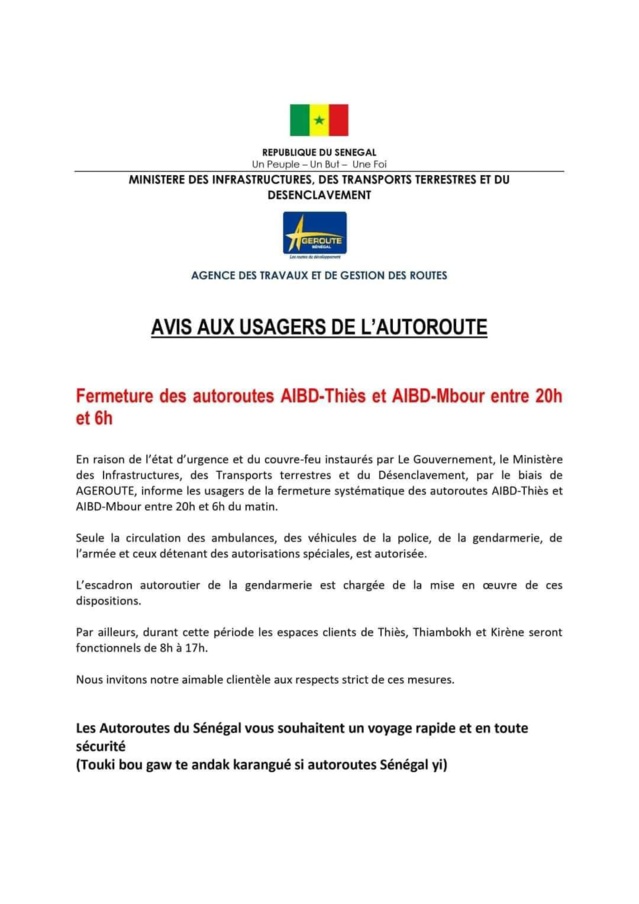 COUVRE-FEU/AUTOROUTE: Les axes Aibd- Thiès et Aibd-Mbour fermés entre 20 et 6 heures COUVRE-FEU/AUTOROUTE: Les axes Aibd- Thiès et Aibd-Mbour fermés entre 20 et 6 heures