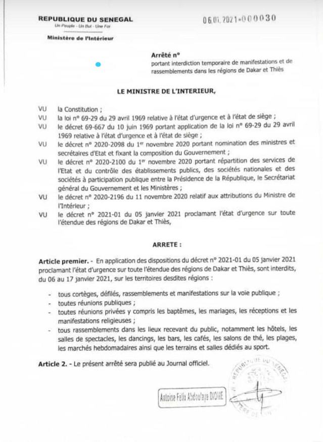 Etat d'urgence assorti de couvre feu- Voici l'arrêté du ministre de l'Intérieur, Antoine Diome