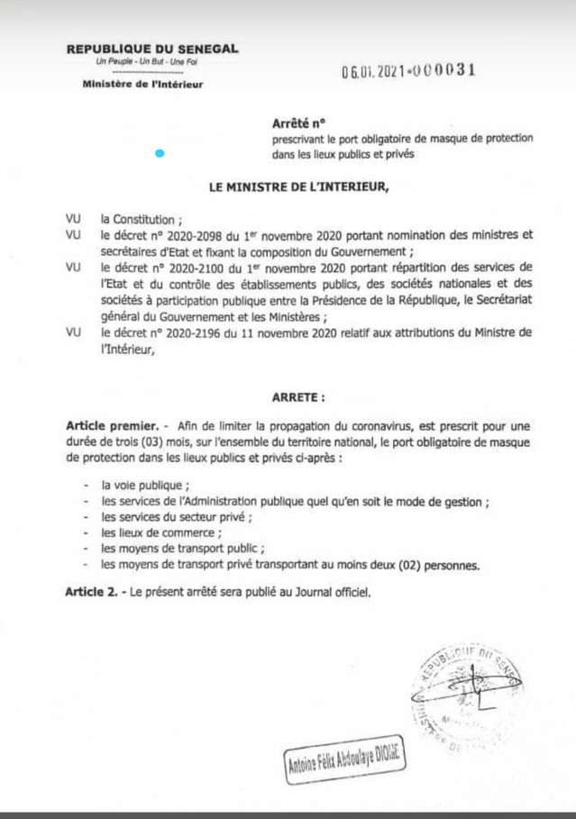 Etat d'urgence assorti de couvre feu- Voici l'arrêté du ministre de l'Intérieur, Antoine Diome