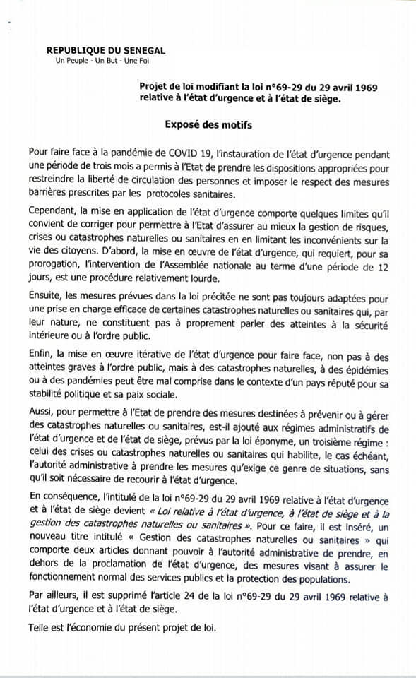 DOC/MODIFICATION DE LA LOI RELATIVE À L'ÉTAT D'URGENCE ET À L'ÉTAT DE SIÈGE": Ce que dit le projet de loi