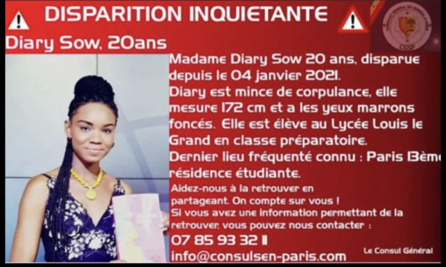 France : L'étudiante sénégalaise Diary Sow portée disparue a été vue pour la dernière fois à Toulouse. France : L'étudiante sénégalaise Diary Sow portée disparue a été vue pour la dernière fois à Toulouse.