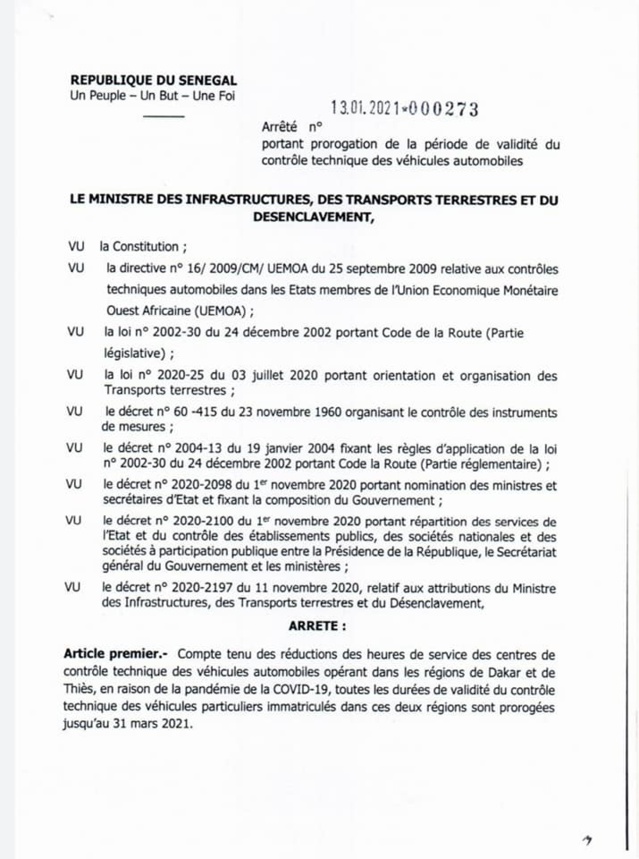 DAKAR/THIÈS/CONTRÔLE TECHNIQUE: Les durées de validité prorogées jusqu'au 31 mars 2021 pour les véhicules particuliers DAKAR/THIÈS/CONTRÔLE TECHNIQUE: Les durées de validité prorogées jusqu'au 31 mars 2021 pour les véhicules particuliers