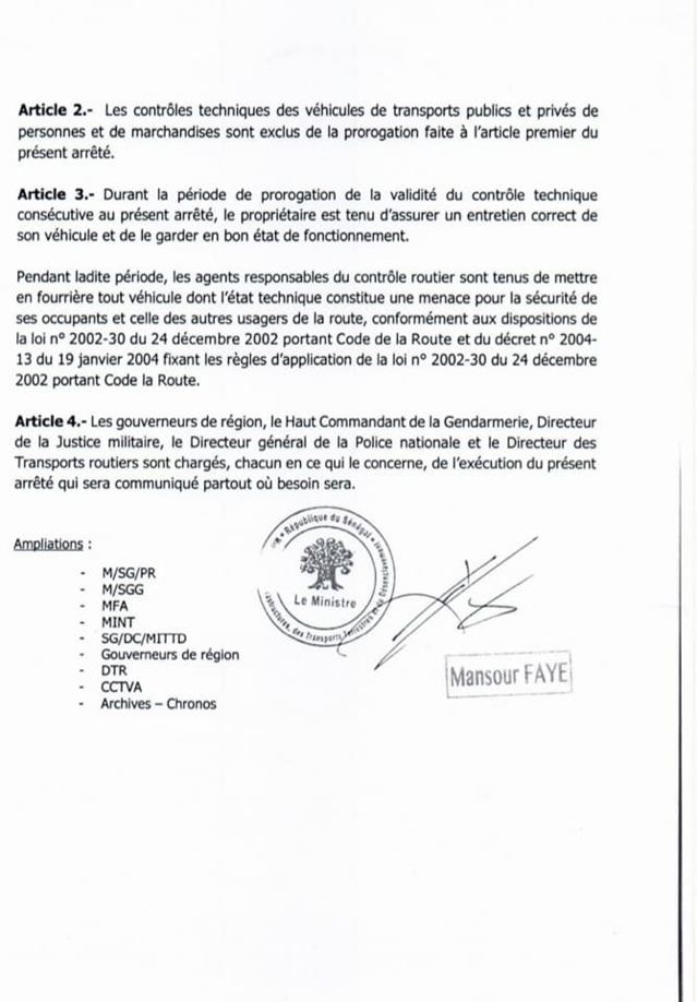 DAKAR/THIÈS/CONTRÔLE TECHNIQUE: Les durées de validité prorogées jusqu'au 31 mars 2021 pour les véhicules particuliers DAKAR/THIÈS/CONTRÔLE TECHNIQUE: Les durées de validité prorogées jusqu'au 31 mars 2021 pour les véhicules particuliers