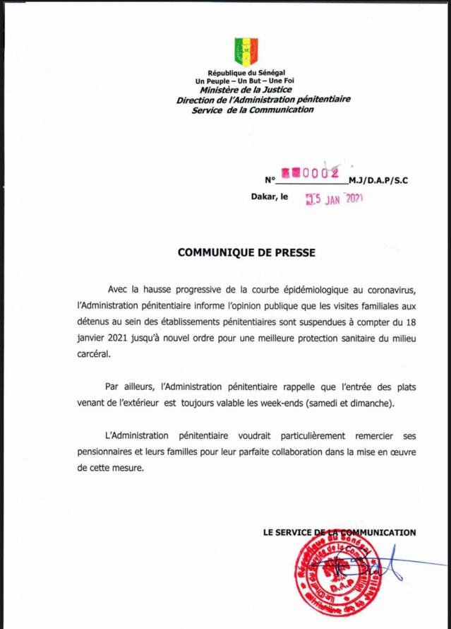 ADMINISTRATION PÉNITENTIAIRE: Les visites familiales suspendues à partir du 18 janvier ADMINISTRATION PÉNITENTIAIRE: Les visites familiales suspendues à partir du 18 janvier