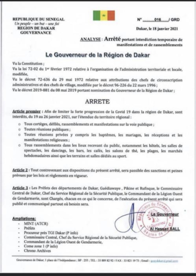 L’état d’urgence assorti d’un couvre-feu prorogé à Dakar : Le Gouverneur corse les mesures. (DOCUMENT)