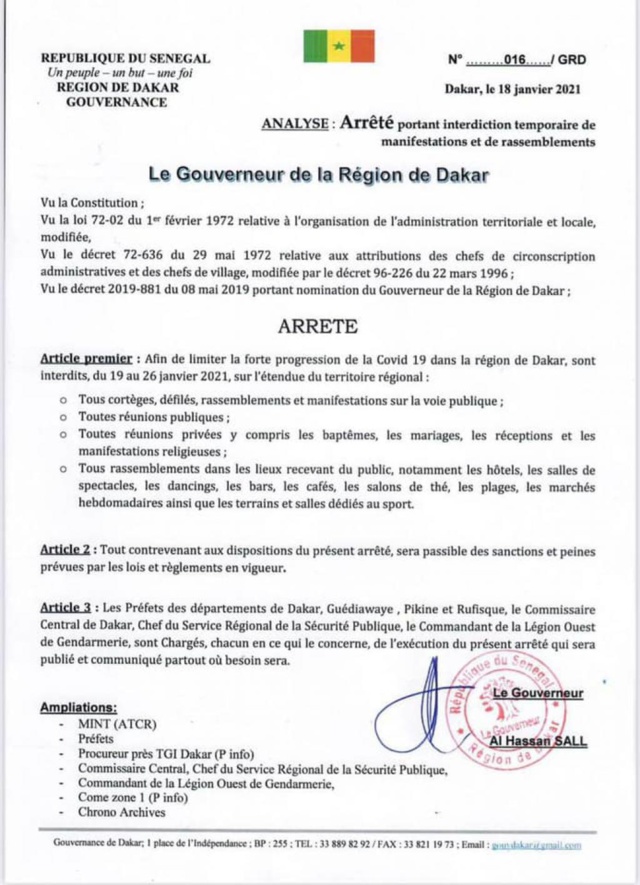 Couvre-feu: L'arrêté du Gouverneur de Dakar (Document) Couvre-feu: L'arrêté du Gouverneur de Dakar (Document)