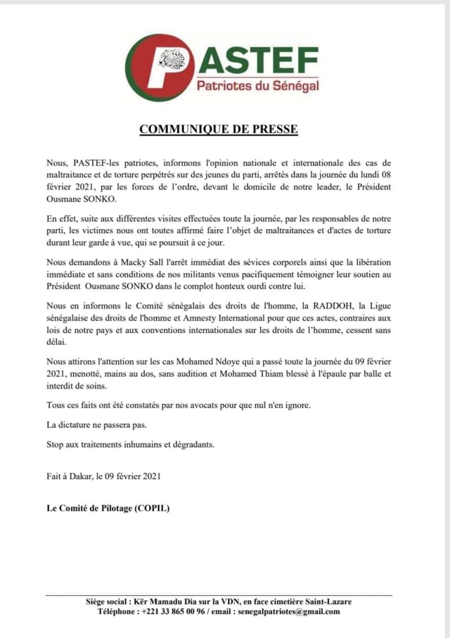 MANIFESTANTS ARRÊTÉS  Pastef dénonce 