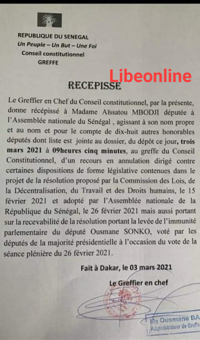 LEVÉE DE L'IMMUNITÉ PARLEMENTAIRE DE SONKO : Le conseil constitutionnel saisi LEVÉE DE L'IMMUNITÉ PARLEMENTAIRE DE SONKO : Le conseil constitutionnel saisi
