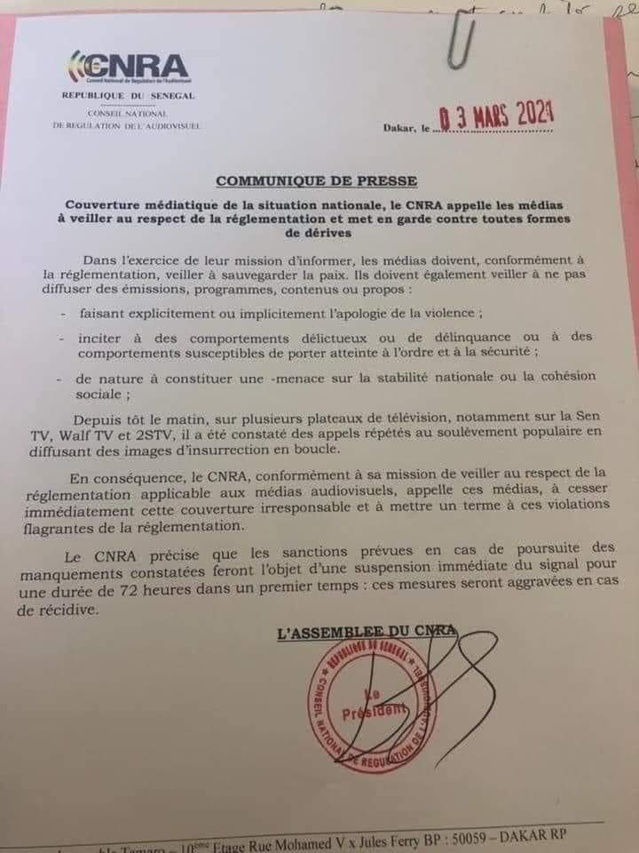 Le CNRA menace de couper le signal des télés SenTv,Walfadjri,et 2 Stv Le CNRA menace de couper le signal des télés SenTv,Walfadjri,et 2 Stv