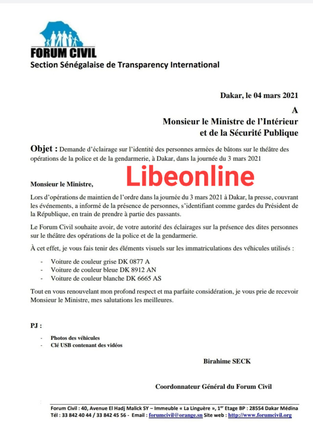 AFFAIRE DES NERVIS:  Le Forum civil interpelle le ministre de l'Intérieur