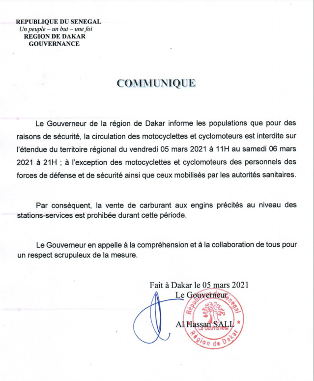 Urgent- La circulation des motocyclettes interdite aujourd'hui et demain (arrêtés)
