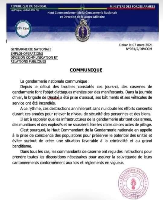 Attaques des brigades de gendarmerie- La maréchaussée appelle à la prise de conscience des populations (communiqué) Attaques des brigades de gendarmerie- La maréchaussée appelle à la prise de conscience des populations (communiqué)