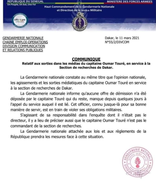 LA GENDARMERIE NATIONALE "Le capitaine Touré n'a pas démissionné" (Divcom)