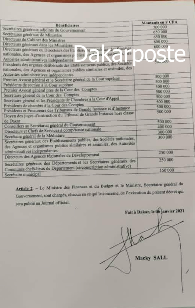 URGENT- Le Pr Macky Sall alloue une indemnité forfaitaire à  certains personnels de l'Etat et...(DÉCRET)