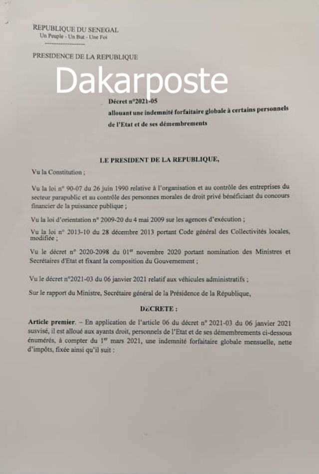 URGENT- Le Pr Macky Sall alloue une indemnité forfaitaire à certains personnels de l'Etat et...(DÉCRET) URGENT- Le Pr Macky Sall alloue une indemnité forfaitaire à certains personnels de l'Etat et...(DÉCRET)