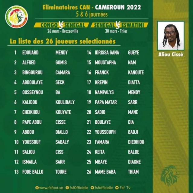 Aliou Cissé convoque 26 joueurs dont 5 nouveaux