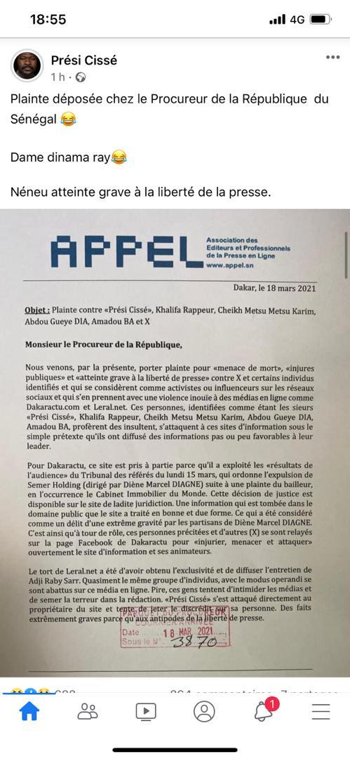 Menaces contre les sites Leral et Dakaractu : plainte de l'APPEL devant le Procureur contre des influenceurs Menaces contre les sites Leral et Dakaractu : plainte de l'APPEL devant le Procureur contre des influenceurs