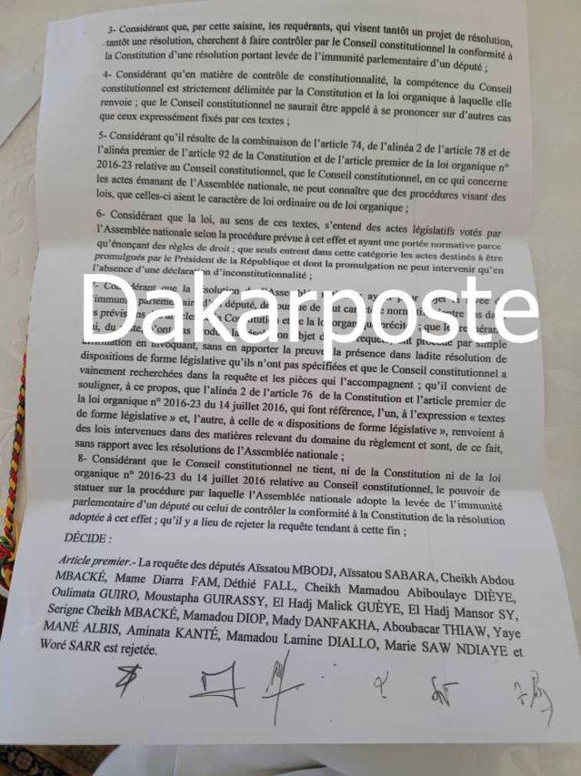 EXCLUSIVITÉ DAKARPOSTE ! Le Conseil Constitutionnel rejette le recours des députés de l'opposition pour l’annulation de la levée de l’immunité d’Ousmane Sonko (DOCUMENT)