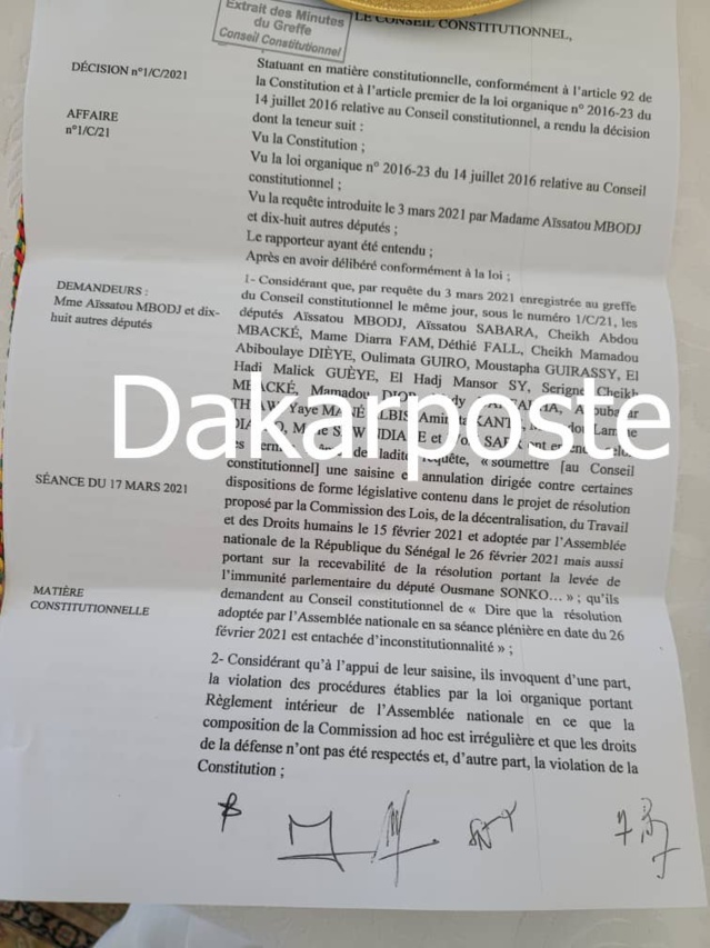 EXCLUSIVITÉ DAKARPOSTE ! Le Conseil Constitutionnel rejette le recours des députés de l'opposition pour l’annulation de la levée de l’immunité d’Ousmane Sonko (DOCUMENT) EXCLUSIVITÉ DAKARPOSTE ! Le Conseil Constitutionnel rejette le recours des députés de l'opposition pour l’annulation de la levée de l’immunité d’Ousmane Sonko (DOCUMENT)