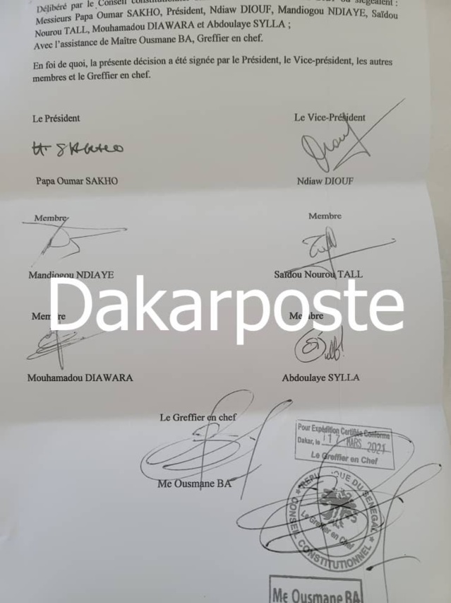 EXCLUSIVITÉ DAKARPOSTE ! Le Conseil Constitutionnel rejette le recours des députés de l'opposition pour l’annulation de la levée de l’immunité d’Ousmane Sonko (DOCUMENT)