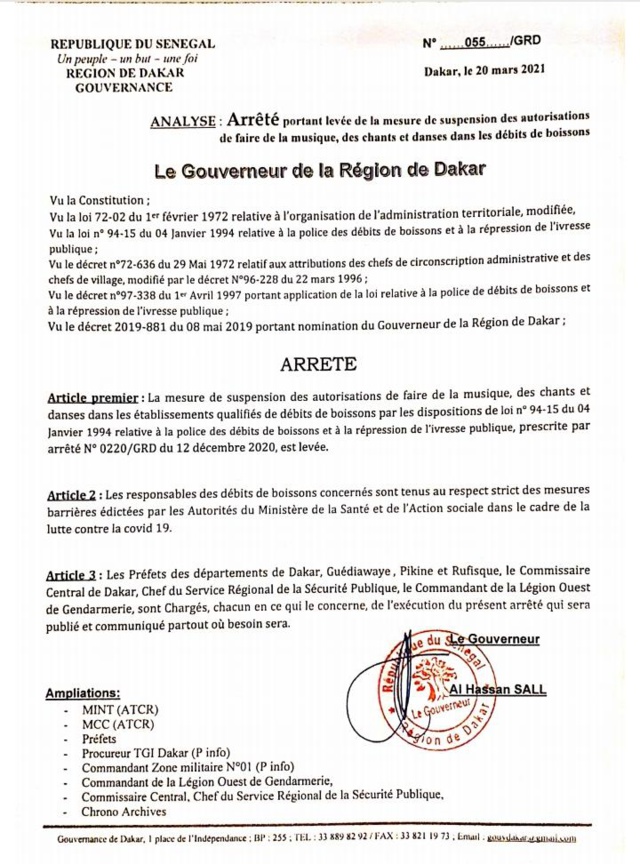 URGENT- Levée de la mesure de  suspension des autorisations de faire de la musique ...(ARRÊTÉ)