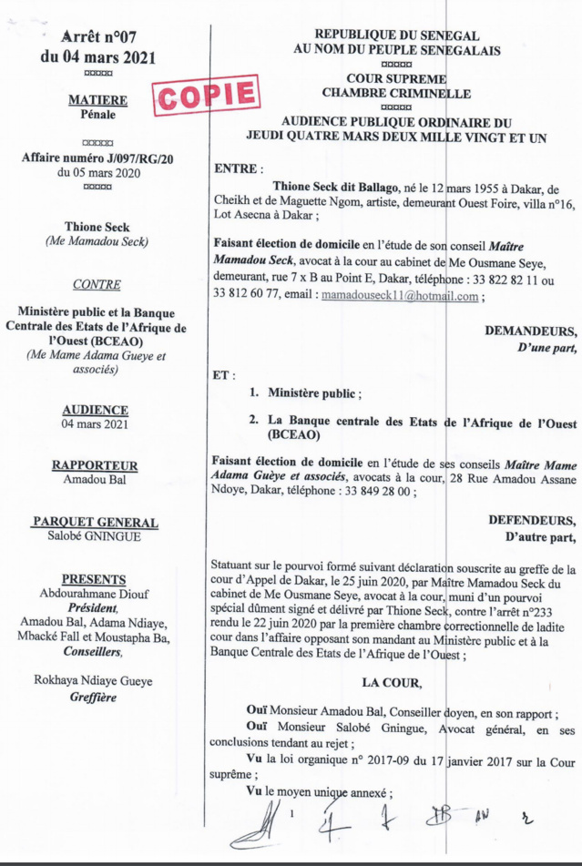 [DOCUMENT] : AFFAIRE THIONE SECK : LE VERDICT DE LA COUR SUPRÊME