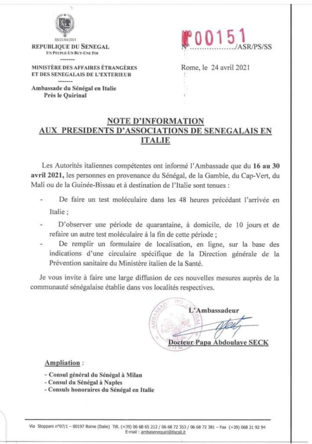 Voyage en Italie- Voici les nouvelles conditions des autorités Italiennes pour les Sénégalais, Gambiens, Maliens, etc... (document) Voyage en Italie- Voici les nouvelles conditions des autorités Italiennes pour les Sénégalais, Gambiens, Maliens, etc... (document)