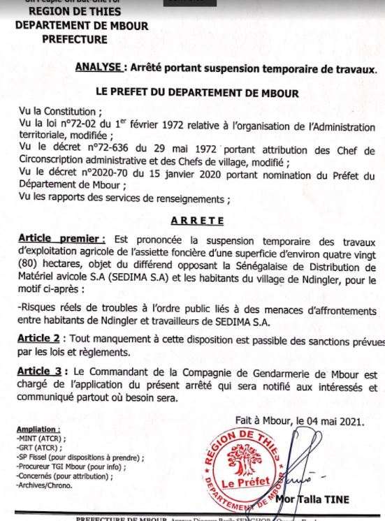 Ndingler : un arrêté suspend temporairement les travaux d'exploitation agricole de l'assiette foncière objet du différend Ndingler : un arrêté suspend temporairement les travaux d'exploitation agricole de l'assiette foncière objet du différend