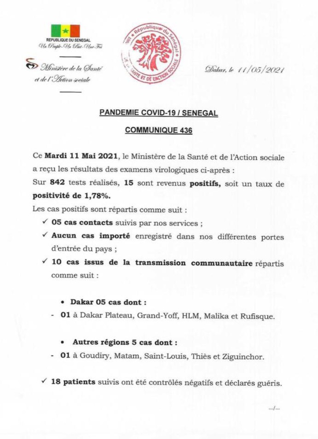 Sénégal - 15 nouvelles personnes testées positives au coronavirus
