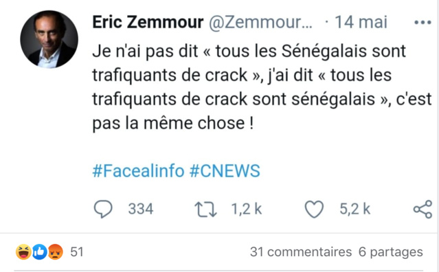 PARIS/TRAFIC DE CRACK :Zemmour se défoule sur les Sénégalais PARIS/TRAFIC DE CRACK :Zemmour se défoule sur les Sénégalais