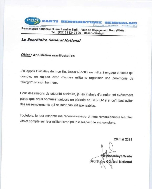 DERNIÈRE MINUTE- Me Abdoulaye Wade annule la cérémonie "Sargal" initialement prévue pour lui rendre hommage (DOCUMENT)