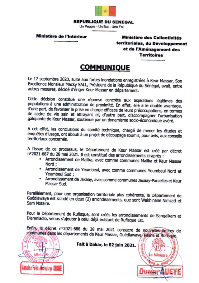 C’EST OFFICIEL ! KEUR MASSAR DEVIENT LE 46e DÉPARTEMENT DU SÉNÉGAL C’EST OFFICIEL ! KEUR MASSAR DEVIENT LE 46e DÉPARTEMENT DU SÉNÉGAL