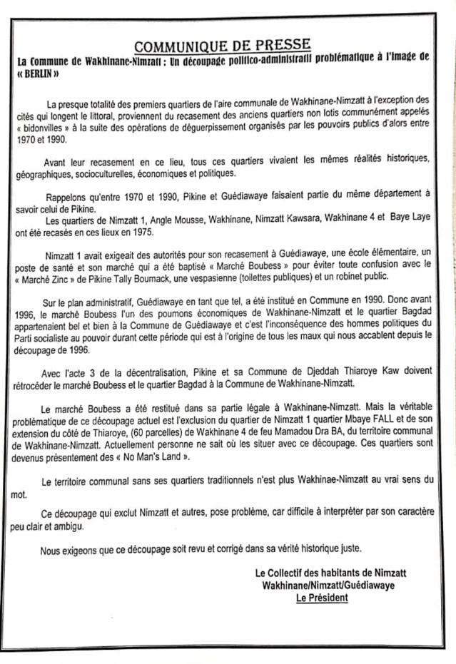 Guédiawaye scindé en deux arrondissements- Les populations de Wakhinan-Nimzatt ruent dans les brancards (document)