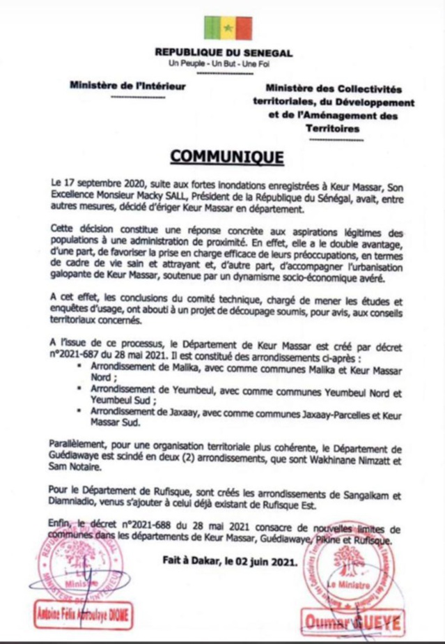 Guédiawaye scindé en deux arrondissements- Les populations de Wakhinan-Nimzatt ruent dans les brancards (document) Guédiawaye scindé en deux arrondissements- Les populations de Wakhinan-Nimzatt ruent dans les brancards (document)