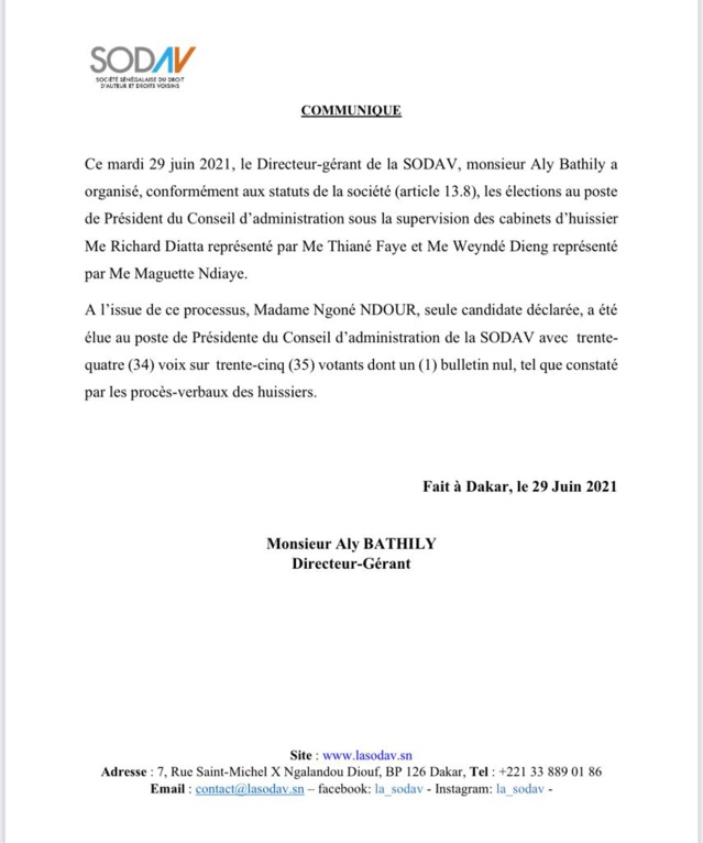 URGENT- Ngoné Ndour réélue  Pca de la Sodav