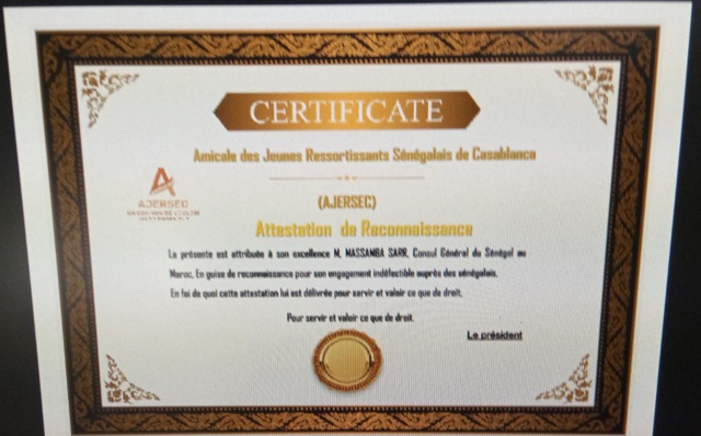 Le Consul du Sénégal à Casablanca, Massamba Sarr, honoré par l'Amicale des Jeunes Ressortissants Sénégalais