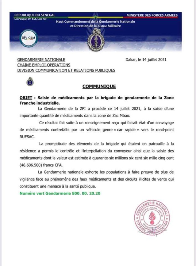 Saisie de médicaments d’une valeur de 46 millions par la brigade de gendarmerie Zone franche industrielle