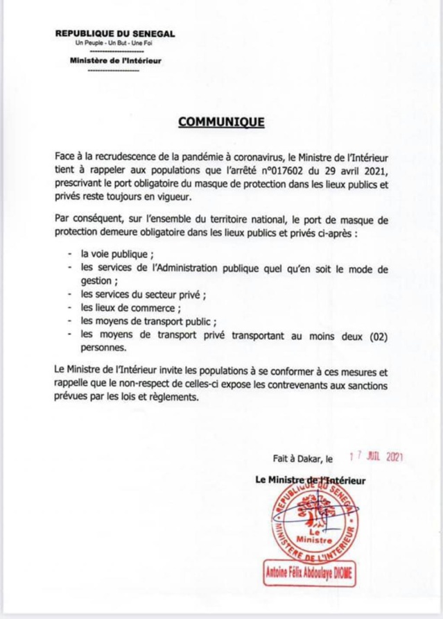 Covid-19: Le ministre de l'Intérieur rappelle son arrêté du 29 avril et avertit