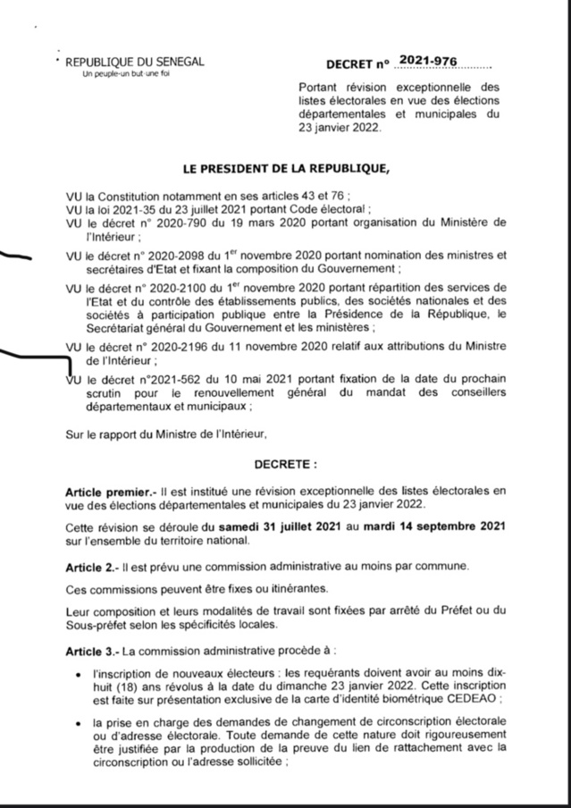 Elections locales 2022 : La révision exceptionnelle des listes électorales va se dérouler du 31 juillet au 14 septembre 2021. (Décret) Elections locales 2022 : La révision exceptionnelle des listes électorales va se dérouler du 31 juillet au 14 septembre 2021. (Décret)
