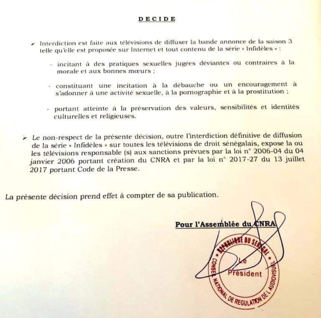 Voici la décision portant interdiction de diffusion de la bande annonce de la saison 3 de la série "Infidèles"