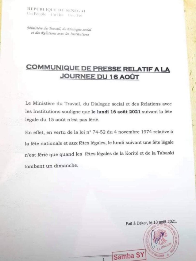 URGENT - Le Lundi 16 Août 2021 n'est pas férié  (DOCUMENT OFFICIEL)
