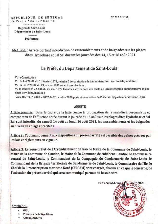 Covid-19: pas de baignades sur les plages de Saint-Louis à l’occasion du 15 août