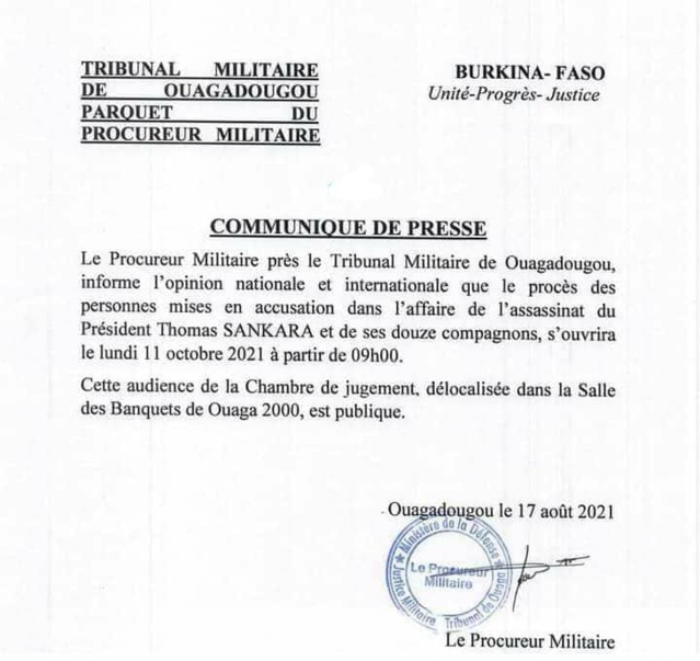 Burkina Faso: le procès de l’affaire Thomas Sankara fixé au 11 octobre 2021 Burkina Faso: le procès de l’affaire Thomas Sankara fixé au 11 octobre 2021