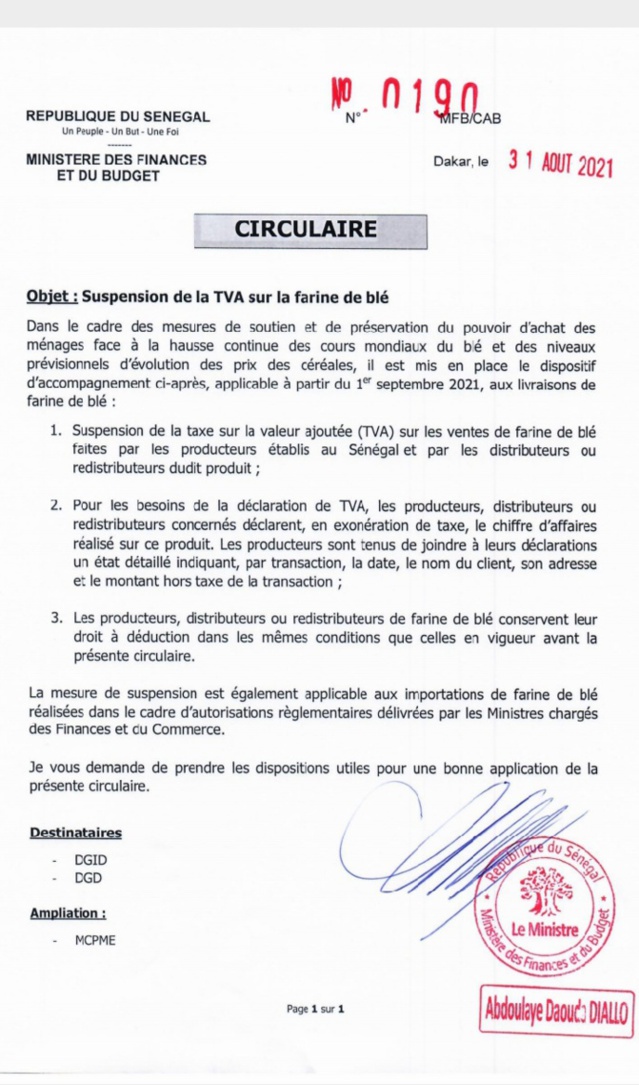 Suspension de la TVA sur la farine de blé (ministère des Finances) Suspension de la TVA sur la farine de blé (ministère des Finances)
