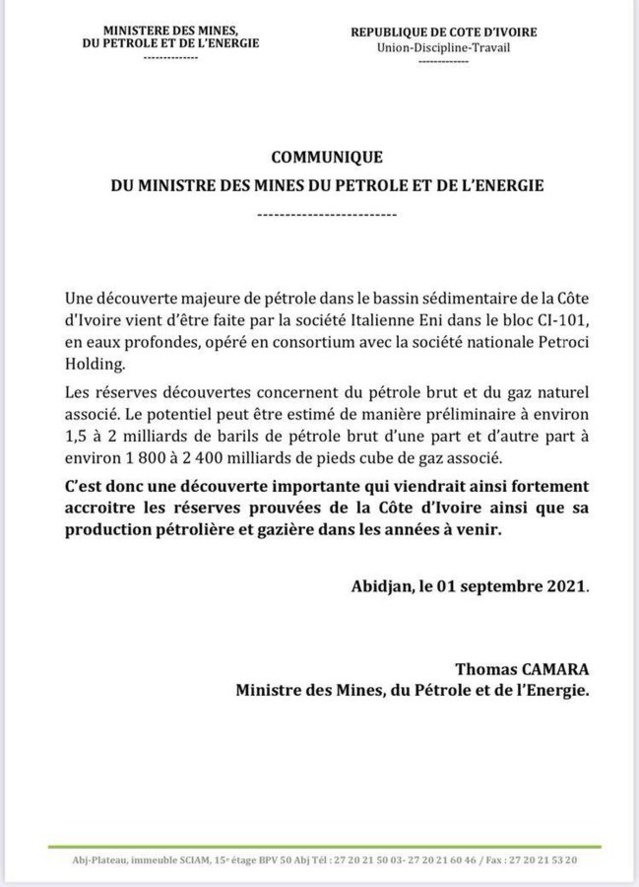 Un important gisement de pétrole découvert au large de la Côte d'Ivoire Un important gisement de pétrole découvert au large de la Côte d'Ivoire