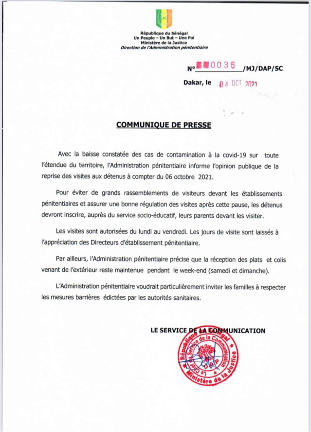 URGENT- Reprise des visites aux détenus à compter du 6 Ocotobre 2021 (Communiqué)